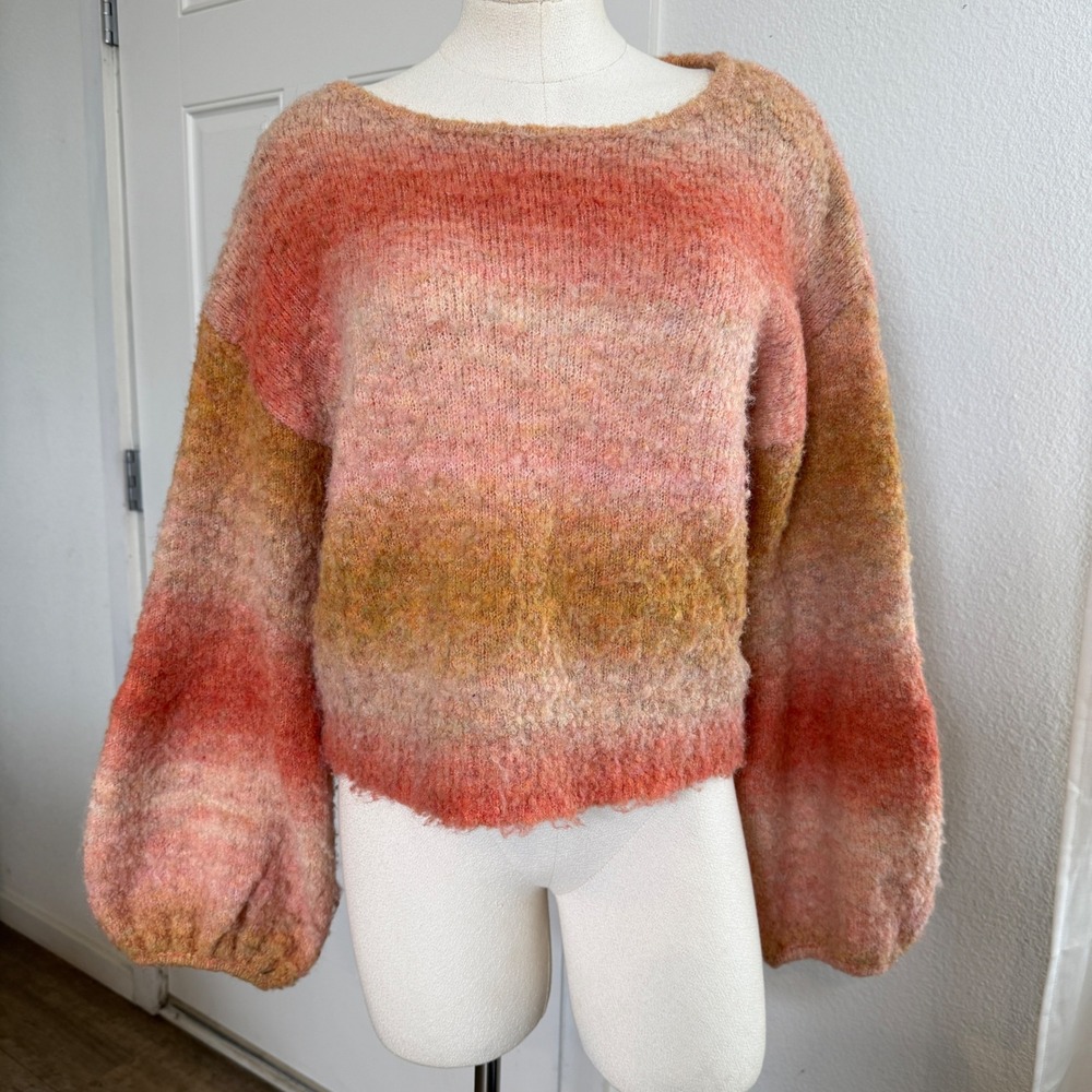 Promesa Womens Pink Orange Ombre Fuzzy Knit Balloon Sleeve Sweater Small